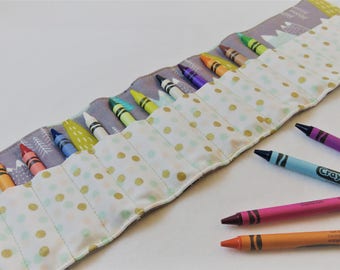 Crayon Roll in Mountains and Polka Dots, Holds 16 Crayons