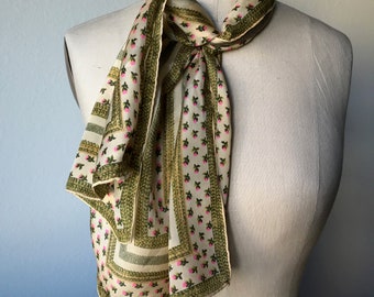 Vintage ANNE KLEIN Designer Scarf Silk Floral Gold Green Pink Long Narrow Scarf Signed Signature