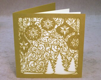 Laser Cut Christmas Card Set | Unique Holiday Card Set of 6 with Laser Cut Intricate Design on Beautiful Card: Ornaments and Snow