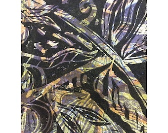 Wood Block Print - Botanical Nine OOAK by Marti Schmidt 12x15 - Fine Art, Floral, Coastal, Tropical