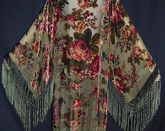 Sage Green Goddess with Burgundy Victorian Rose's Kimono Duster