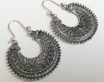 Tribal Statement Earrings , Silver Earrings , Large Hoop Earrings , Tribal Earrings , Boho Earrings , Large Earrings , Handmade Jewelry