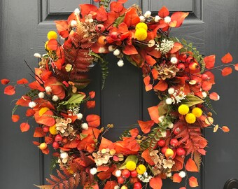 Fall Wreaths, Fall Door Decor, Orange Color Wreath, Thanksgiving Decor, Fall Decor, Fall Decorating, Front Door Wreath, Wreath for Fall