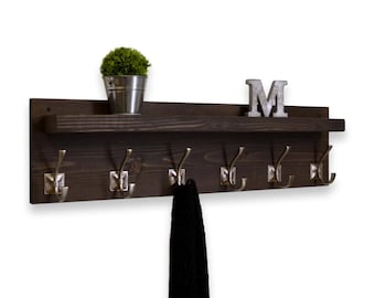 Floating Shelf Coat Rack 6 Hooks Espresso