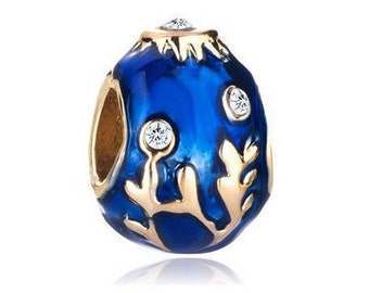 Faberge Bead, Sapphire Charm, Large Hole Bead, European Bead, Charm Bead, Charm Bracelet, European Charm, Big Hole Bead, Blue, Gold
