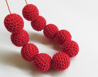 Crocheted beads 18 mm or 20 mm red handmade round cotton on wood