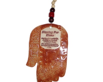 Hamsa With Beads/Abstract Ceramic Wall Hanging/Home Blessing/Hebrew/Protection Against Evil Eye/Pottery - By Leslie Farin
