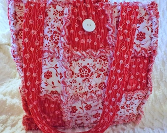 Rag Quilt Tote - Red and White Floral - Bold and Bright Red - Handmade - Gift for her
