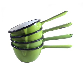 4 Green White Enameled Saucepans, French Enamelware, Cookware Pan Set