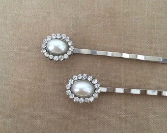 White Pearl Hairpins 2 pc, Bridal Pearl hairpin, vintage, Bridal hair accessories, bridal hairpin, silver, bobby pin