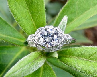 Vintage Engagement Ring in Platinum and Natural Diamond: 1.14 Carat; Vintage Diamond Ring; Art Deco Engagement Ring; Platinum Ring
