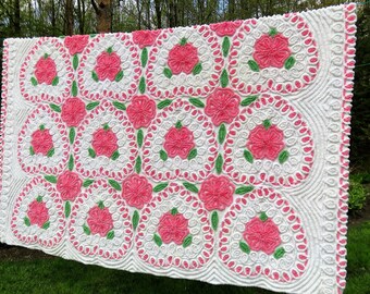 Plush Pink Cabbage Roses Nestled in 1940s Candy Box Hearts on a Sugar White Vintage Chenille Bedspread ~ Beyond Beautiful ~ Full