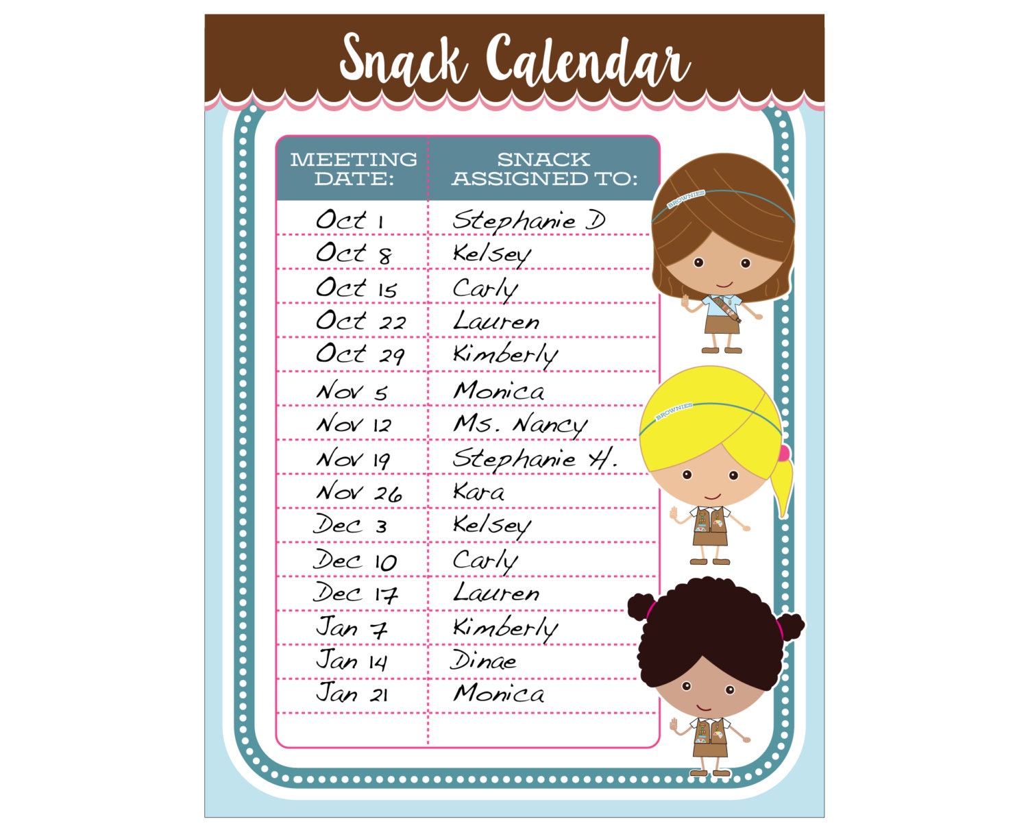 Brownie Girl Scout Snack Calendar Editable Printable