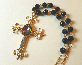 Fabulous FLEUR DI LIS Cross, Cross Necklace with Rainbow Cabochon, Rhinestones, Black Jet Beads, Vintage Cross Necklace, Rainbow Cross