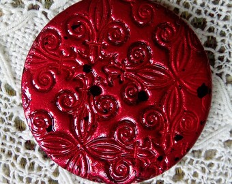 One unique metallic red polymer clay button, round button, large round button, handmade button, focal button, knitting, craft, unique button