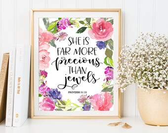 Christian Wall Art PRINTABLE Nursery Decor She is Far More Precious Than Jewels Proverbs 31:10 Baby Girl Nursery Print Bible Verse Wall Art