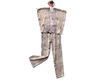 SILK PAJAMAS hand dyed flower print top pants sets violet, gray, steel, green