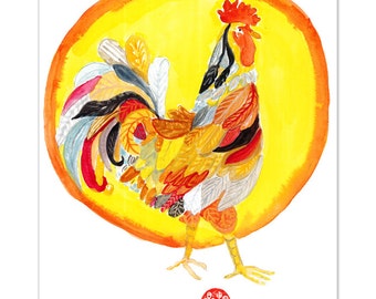 Rooster, Chinese Year of the Rooster, Original Zen Watercolor Painting, zen decor, child's nursery wall art, japan art, chicken