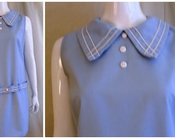 Vintage 1960s Scooter Dress Blue and White Mod Dropped Waist Hip Belt Medium 39 x 37 x 40