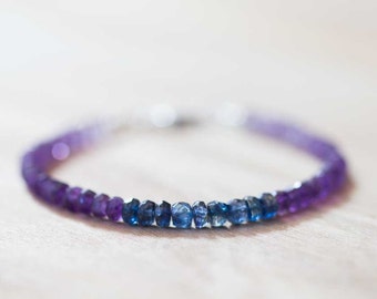 Amethyst Bracelet with Kyanite, February Birthstone Bracelet, Shaded Amethyst Jewelry, Kyanite Jewelry, Blue Purple Beaded Gemstone Bracelet
