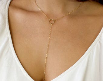 Open Circle Lariat, Gold Y Necklace, Long Gold Necklace, Simple Y Necklace, 14k Gold Fill, Sterling Silver, LEILAjewelryshop, N202