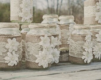 Country Wedding Decoration or Favor, Party Favors, Wedding Table Decoration, Rustic Decoration, Burlap and Lace Mason Jar Covers, White Lace