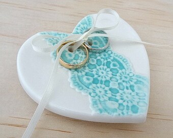 Ceramic wedding ring holder. Turquoise ring dish with ribbon. Perfect for wedding ring pillow, wedding gift. Ring bearer.