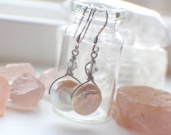 Freshwater Pearl Coin Drop Earrings, White Coin Pearl Earrings, Swarovski Crystals, Sterling Silver Earrings