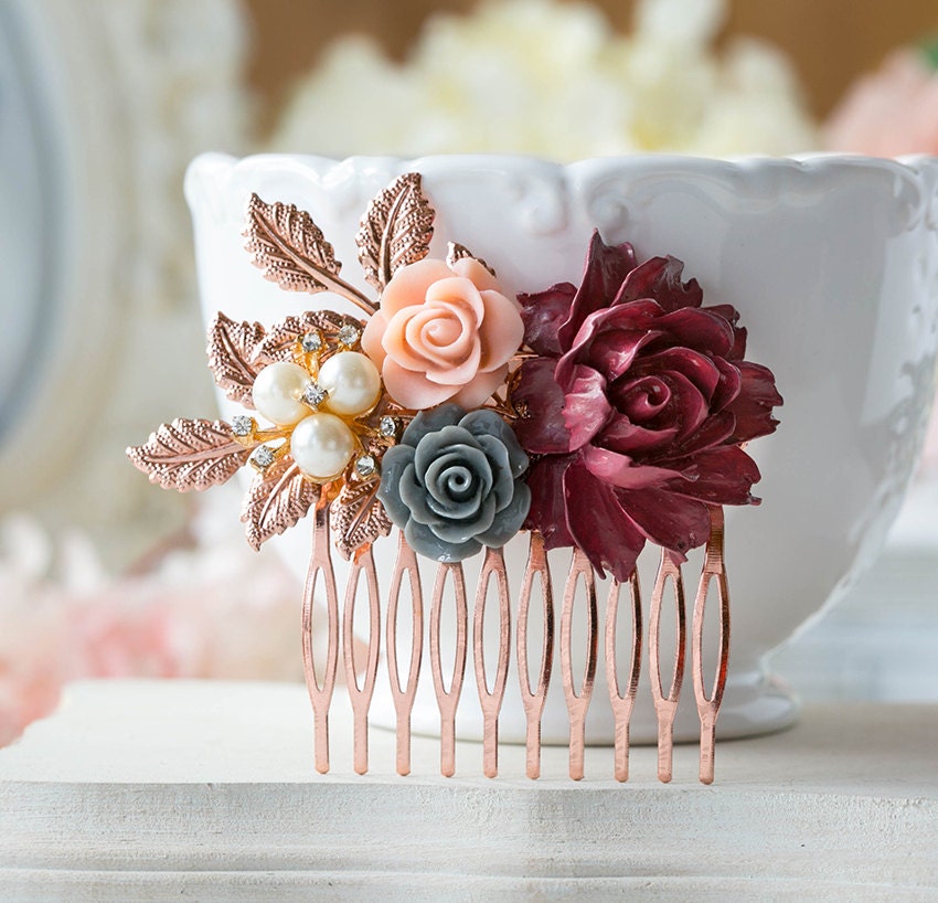 Rose Gold Bridal Hair Comb Maroon Burgundy Dark Red Wedding Rose Gold Bridal Hair Comb Maroon Burgundy Dark Red Wedding