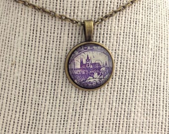 1918 Purple Hradcany Castle - Alfonse Mucha - Postage Stamp Jewelry - Vintage Postage Stamp Necklace - Antique Bronze