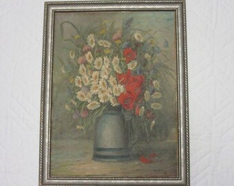 Antique daisy oil PAINTING floral flowers vintage hand painted original c1940 art home decor poppies