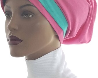 Huggee Locks Beanie™ Beanie Dreads Cap Hat Pink Green Cotton Jersey Knit Rasta locs Tam Rastafari Dreadie Handmade