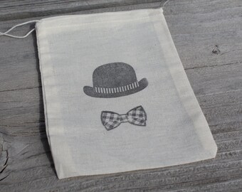 Set of 10 Hand stamped Bowler Derby Hat & Bow Tie Muslin Party Favor Bags 100% organic made in america