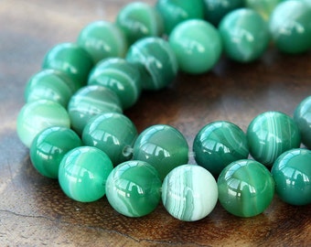 Striped Agate Beads, Green, 10mm Round - 15 inch strand - eGR-AG5825-10