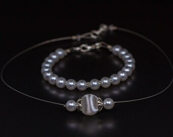 Brautschmuck Hochzeitsschmuck Set Armband Halskette Ohrringe Kunstperlen weiß