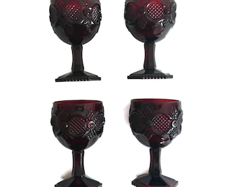 Vintage Avon Water Goblets 1876 Ruby Red Sandwich Glass Red Kitchen Cut Glass Cape Cod Collectible Set of 4 Christmas Glassware Red Stemware