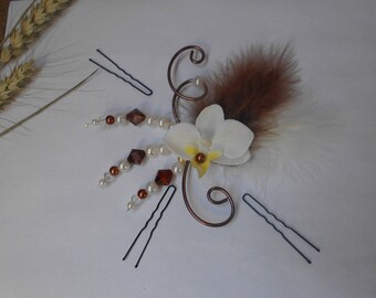 Floral headdress of an orchid for bride or witness - chocolate and ivory