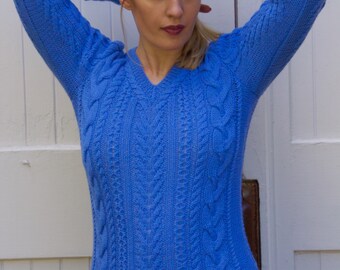 Hand knit wool sweater, Wool, sweater, fisherman sweater, knit sweater, hand knitted, Vneck sweater,