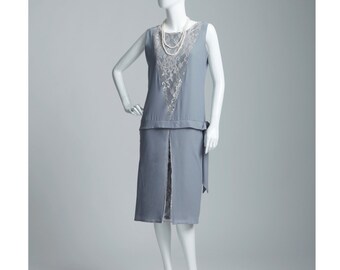 Grey chiffon and silver lace flapper dress, sleek Great Gatsby dress, silver 1920s dress, Miss Fisher dress, art deco evening dress