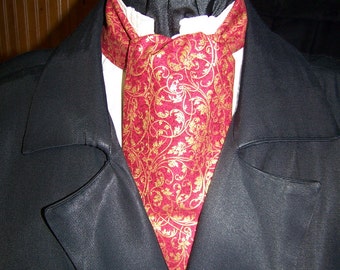 Ascot or Carvat Dickens Red and Gold Metallic swirls cotton fabric 4" x 43" Mens Historial Bow Tie or Wedding Tie or pocket square