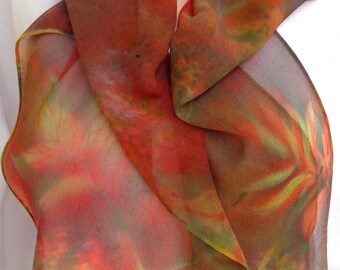 silk scarf hand painted Swamp Weeds chiffon long unique wearable art coral pink lime green teal blue women