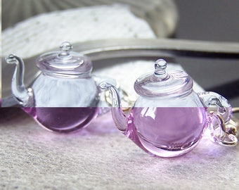 Colour shift purple pink to clear tea tiny teapots - handmade glass dangling lampwork earrings