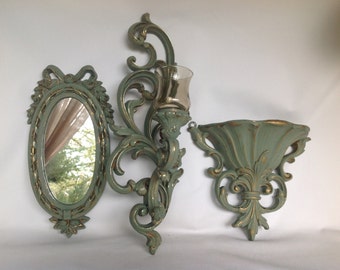 Syroco Wall Decor, Vintage, 1960s, SYROCO, Green, Set of 3, Hollywood Regency, Wall Decor, Vintage Syroco, Wall Hanging, Vintage Wall Decor