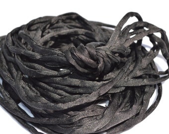 BLACK Silk Cords, Hand Dyed Silk Strings 3 Yards 3-4mm, JamnGlass Silk Cording Jewelry Making Craft Cords