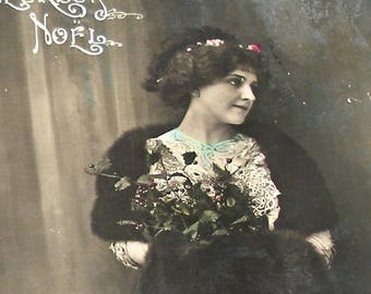 1900s French Postcard, Edwardian lady in fur, RPPC real photo, paper ephemera.