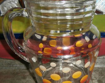 vintage kitchen polka dot glass lemonade iced tea pitcher with ice lip yellow red white polka dots