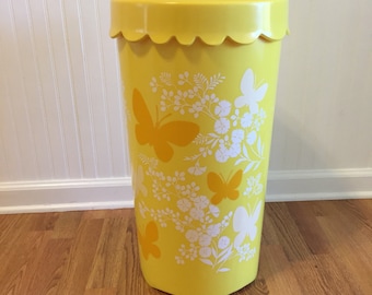 YELLOW LAUNDRY BASKET with Lid/Butterflies/Yellow Hamper with Lid/Retro Hamper/Retro Laundry Basket, Vintage Laundry at A Vintage Revolution