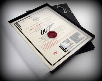 Deluxe James Bond 007 Certificate in a Luxury Gift Box - Personalised with the name of your choice