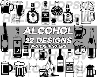 alcohol svg, beer mug, liquor svg, booze svg, vodka, wine, champagne, whiskey, rum, beer, clipart, stencil, cut file, silhouette, iron on