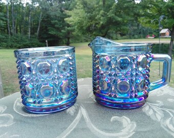 Vintage Blue Carnival Glass Creamer and Sugar